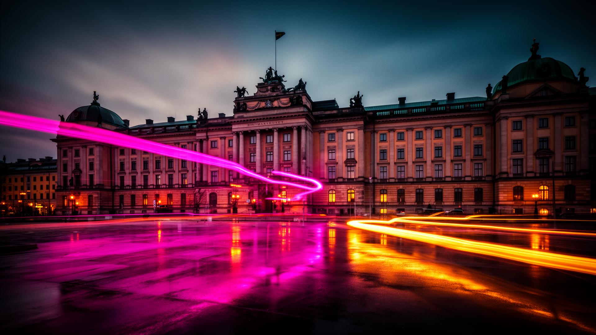 Riksdagshuset i neonljus